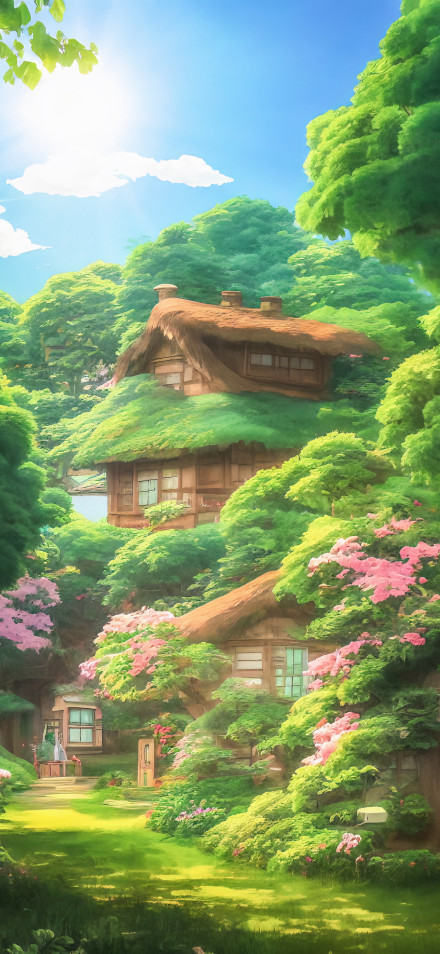 Cozy Cottages Surrounded by Green Trees 4K Cartoon Wallpaper