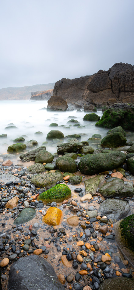 Misty seaside rocky beach phone wallpaper