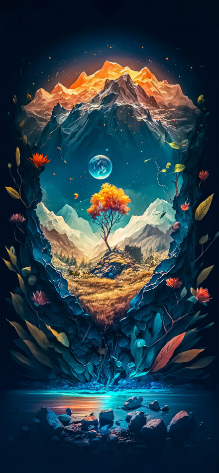 Fantasy Landscape Under Blue Moon 4K Phone Wallpaper
