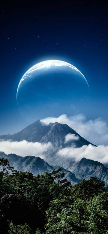 Beautiful view of mountains under the giant moon phone wallpaper