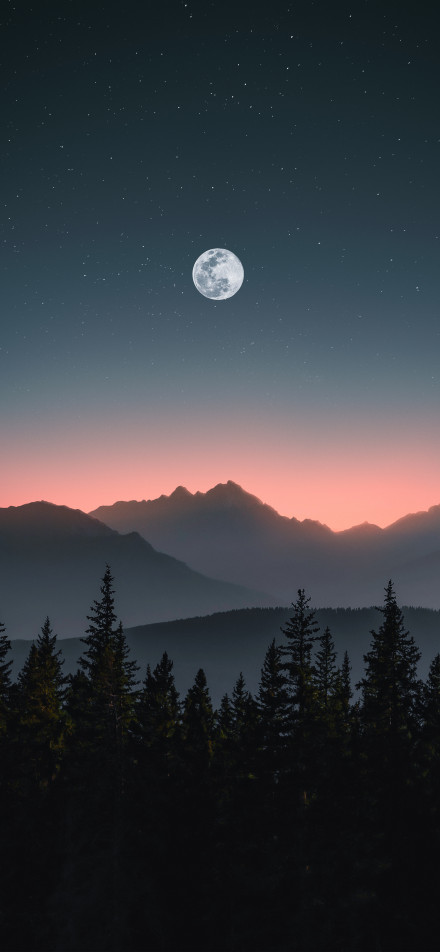 Dark phone wallpaper, moon, starry sky, forest, mountains