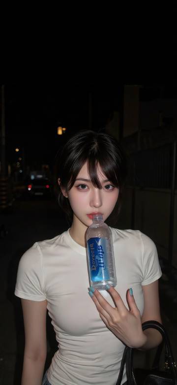 A Cute Girl Standing on a Dark Street at Night Wallpaper 4K