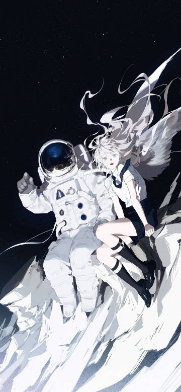 Astronaut and white-haired girl under the starry sky