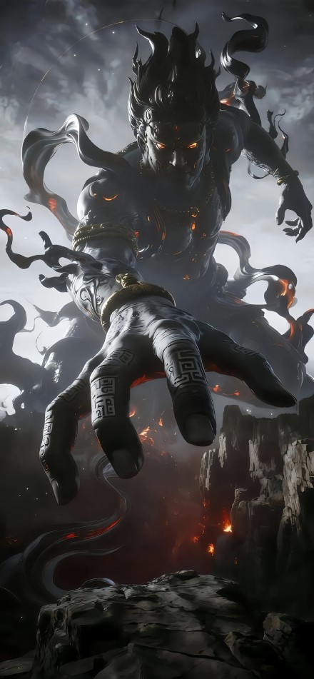 Powerful Deity Reaching Out in Fiery Battle 4K Wallpaper