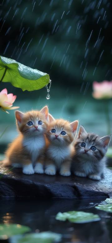 Kitten hiding from the rain under the lotus leaf phone wallpaper