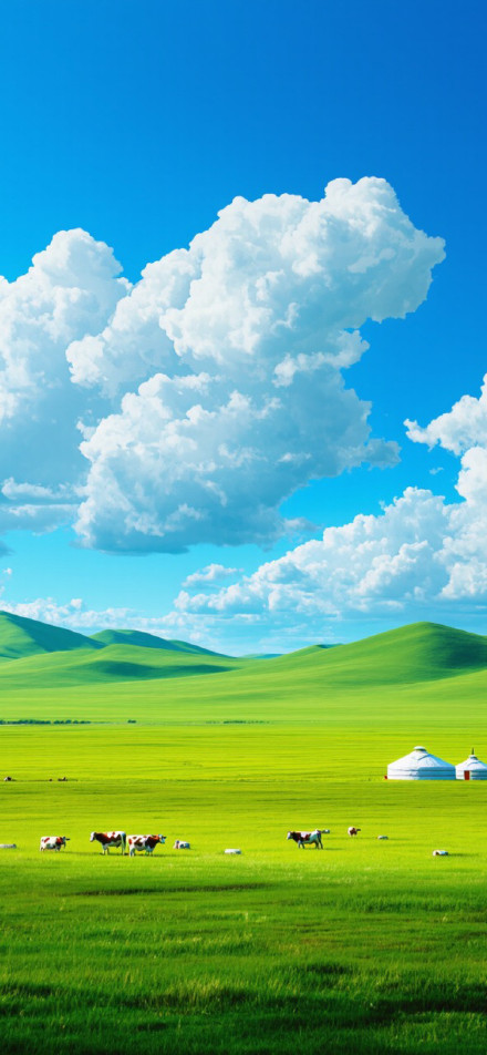 Green prairie under blue sky and white clouds phone wallpaper