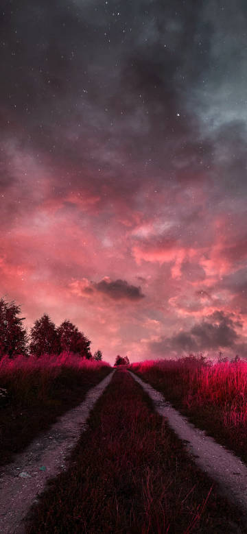 Mountain path scenery under the pink-purple sky phone wallpaper