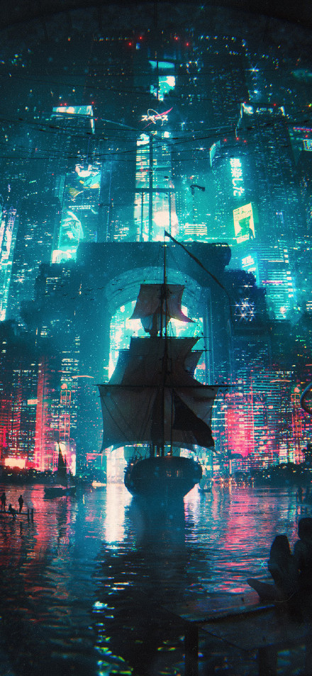 Cyberpunk Neon Harbor Tall Ship Phone Wallpaper