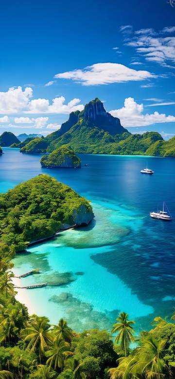 Beautiful scenery of blue sea, blue sky and green trees on a tropical island