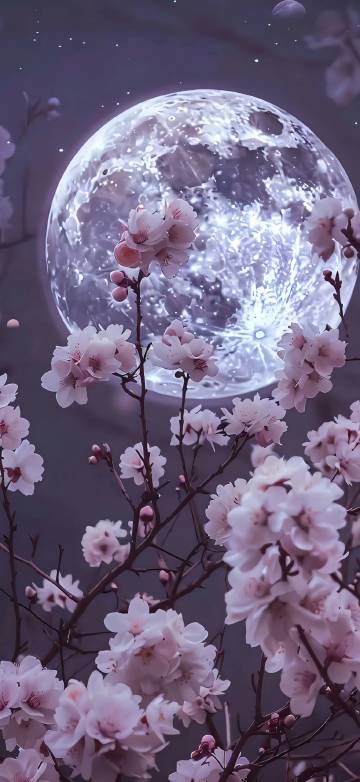 Pink Cherry Blossoms Under A Giant Full Moon 4K Wallpaper
