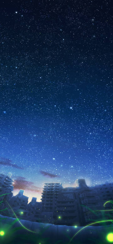 Anime night wallpaper: abandoned city under the stars