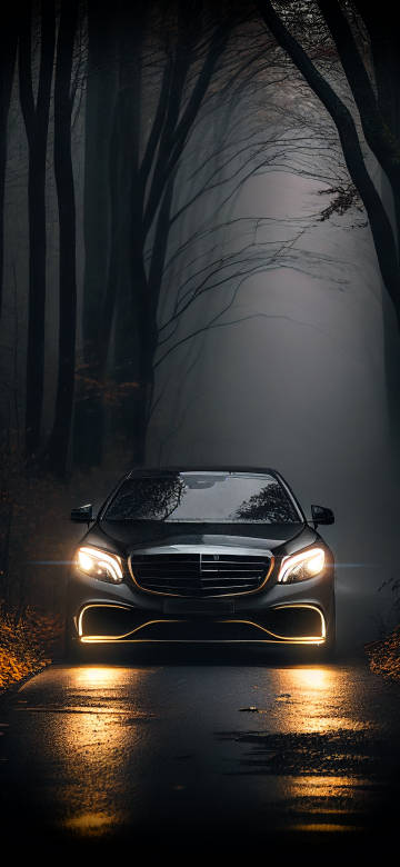 Black Mercedes In A Foggy Forest 4K Wallpaper