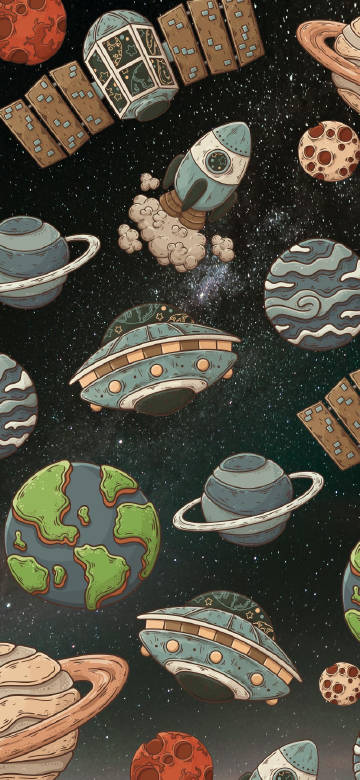 Planets and Rockets in the Starry Sky Cartoon Wallpaper