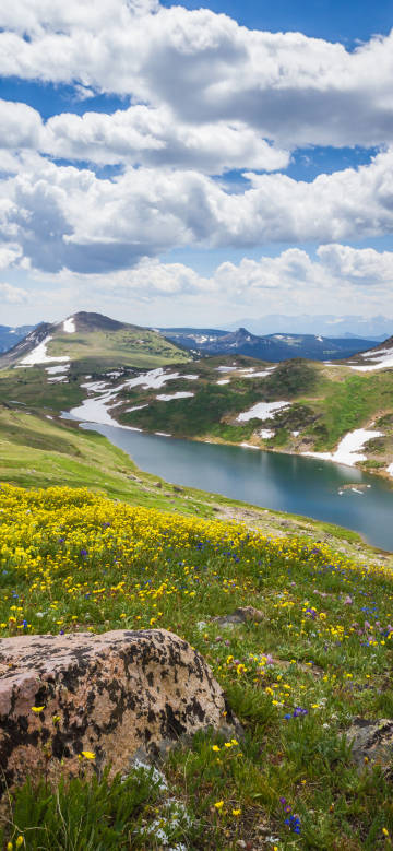 Alpine lake scenery wallpaper: wildflowers, snow and clear skies