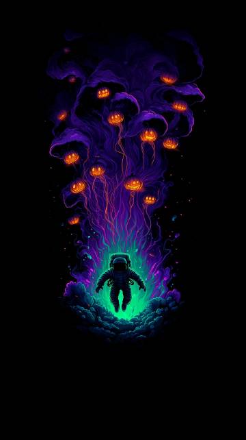 Astronaut in Space and Halloween Pumpkins