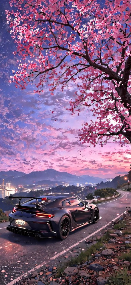 Black Sports Car Under Cherry Tree Aesthetic 4K Wallpaper