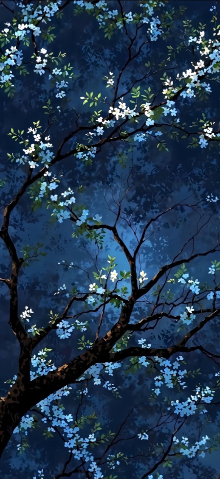 iOS 26 Wallpaper: White Blossoms on Branches with Dark Blue Background