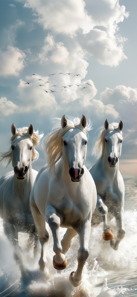Three White Horses Galloping in The Water 4k Wallpaper