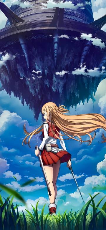 Asuna Looking Up at the Floating Castle 4K Phone Wallpaper