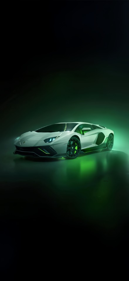 White Lamborghini SVJ With Green Lights 4K Wallpaper