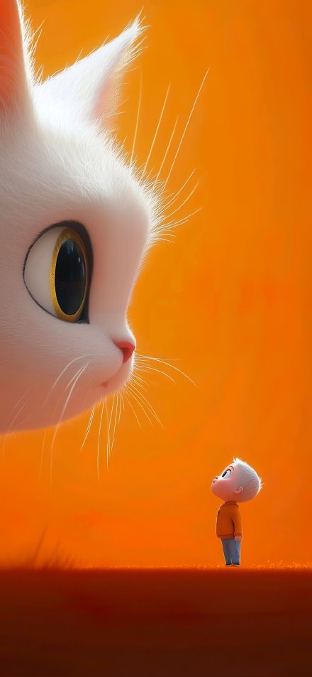 Big-Eyed White Cat Staring at a Little Boy 4K Wallpaper