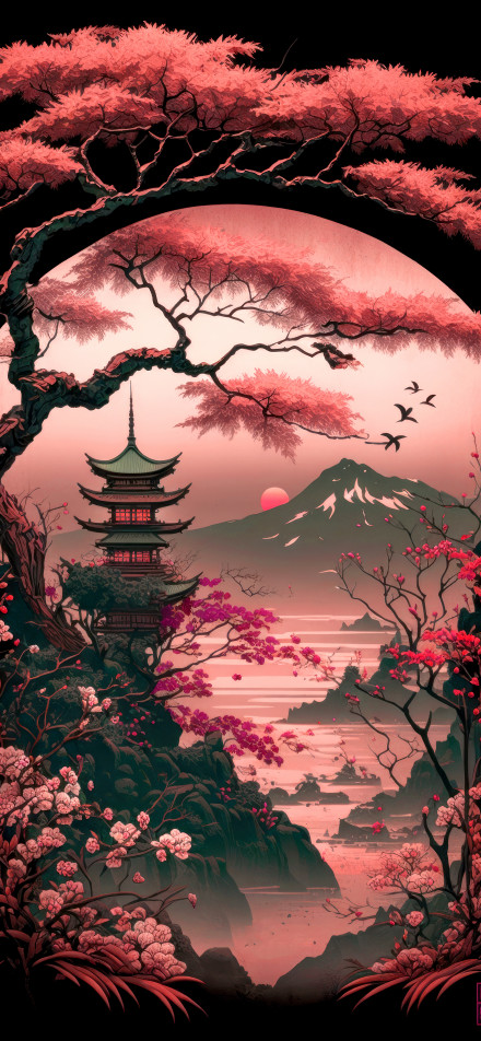 Beautiful Cherry Blossom with Pagoda and Scenic Landscape Illustration Wallpaper