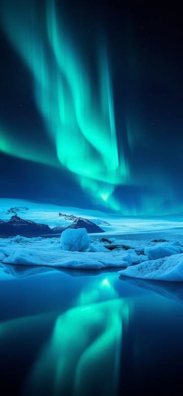 Aurora reflecting on snow in cold night phone wallpaper