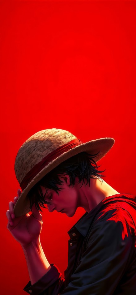 Luffy pondered while wearing a straw hat  phone wallpaper
