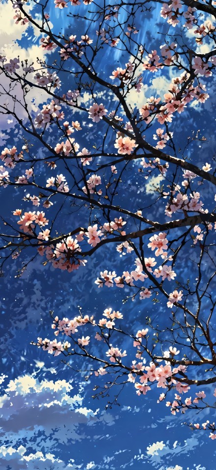 Pink Cherry Blossoms Against A Deep Blue Sky 4K Wallpaper