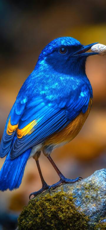 A blue-feathered bird holds a small stone in its mouth