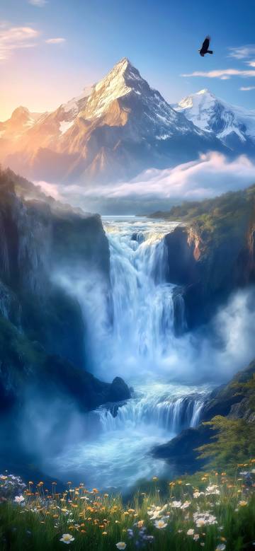 Dreamy and magnificent snowy mountain waterfall scenery phone wallpaper