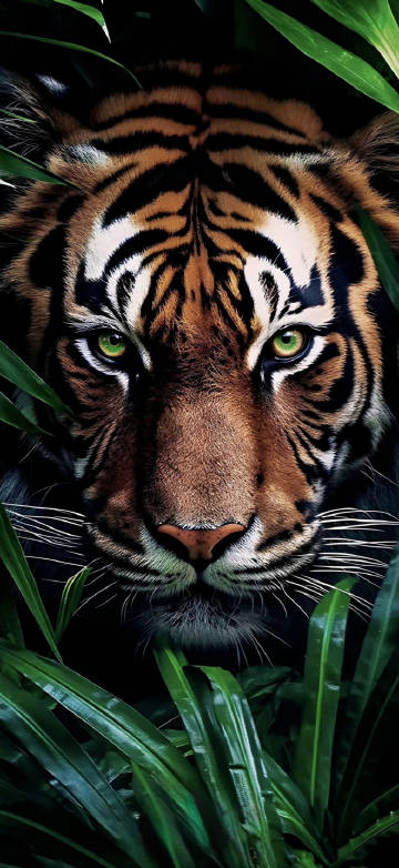 Tiger hidden among green plants phone wallpaper
