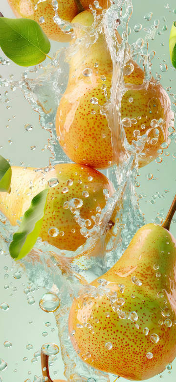 The moment the pear splashes in the water