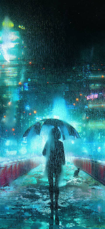 Girl under the neon lights of the city on a rainy night phone wallpaper