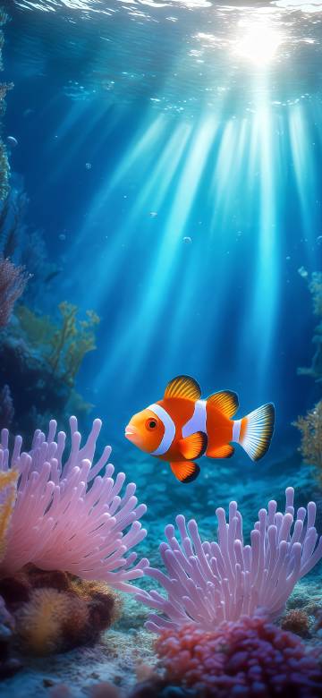Clownfish next to pink anemone phone wallpaper
