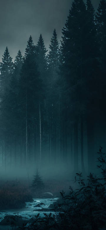 Misty Dark Forest Stream 4K Phone Wallpaper