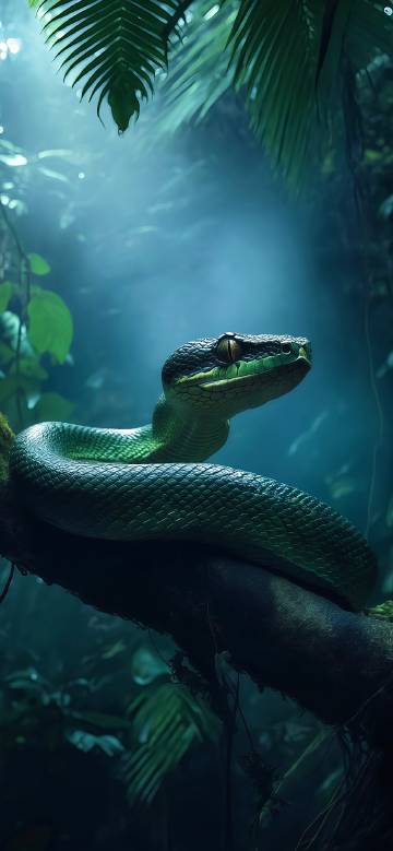 Green python coiled in a tree phone wallpaper