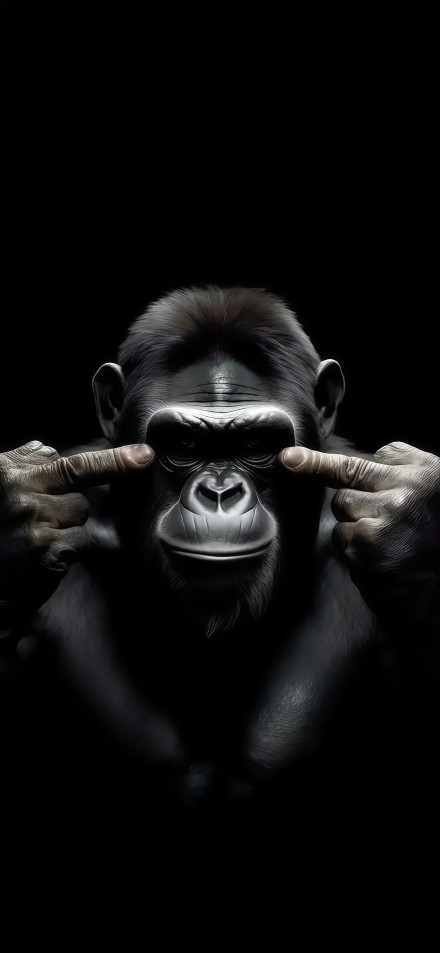 Gorilla showing middle finger with both hands on black background