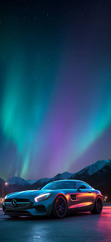 Mercedes-AMG GT Under Green And Purple Aurora Sky 4K Wallpaper