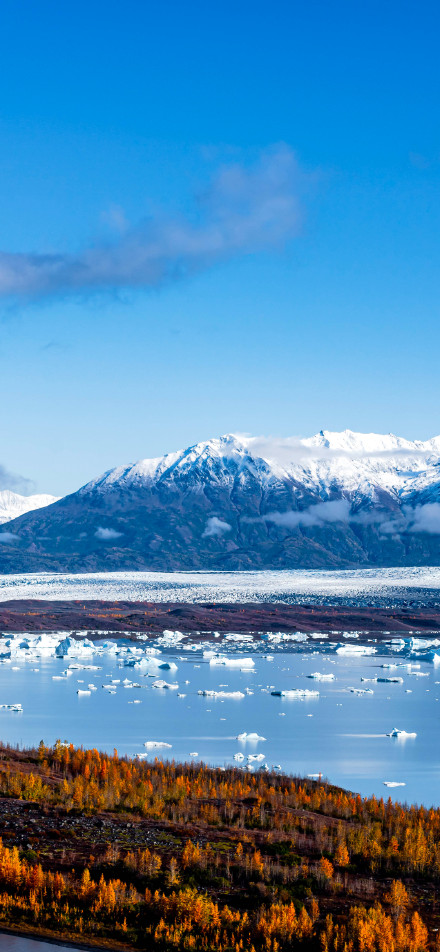 Ice lake scenery under snow-capped mountains phone wallpaper