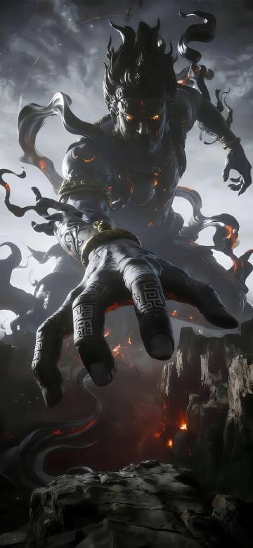 Powerful Deity Reaching Out in Fiery Battle 4K Wallpaper