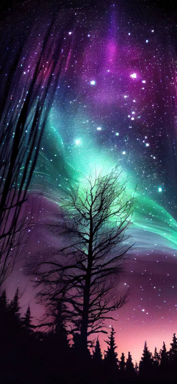 Magical Aurora And Stars In A Purple Night