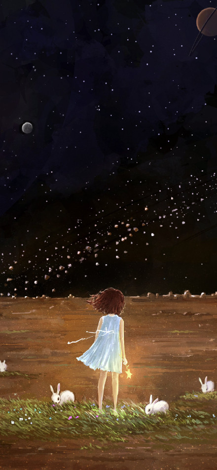 little girl and rabbit under the starry sky at night illustration wallpaper