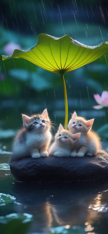 Three kittens hiding from the rain under a large lotus leaf