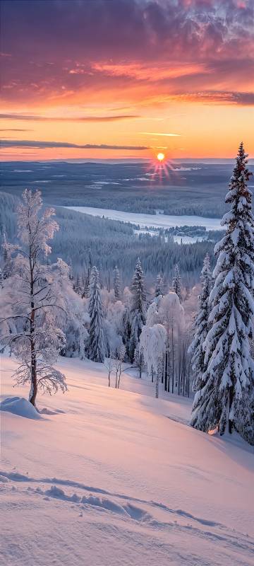 Vivid Winter Sunset Over Snowy Forest 4K Wallpaper