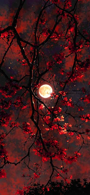 Red leaves and black trees in the bloody moonlight