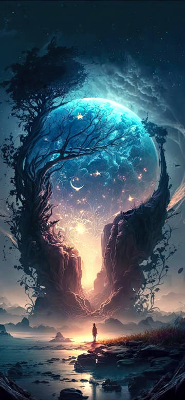 Mystic Tree Wrapped Around Blue Planet Wallpaper