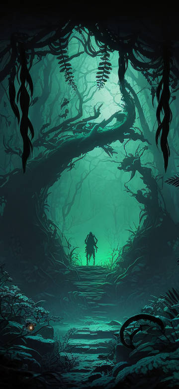 Horror Forest Path with Cyan Glow 4K Illustration Wallpaper