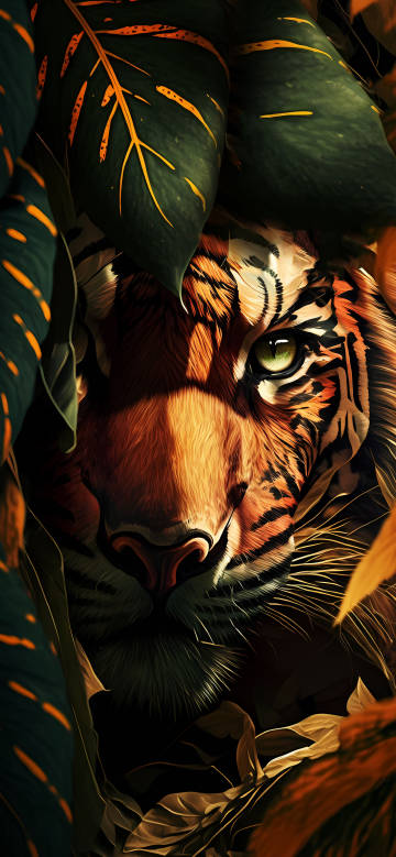 Tiger Hiding in the Dense Tropical Foliage 4K Wallpaper