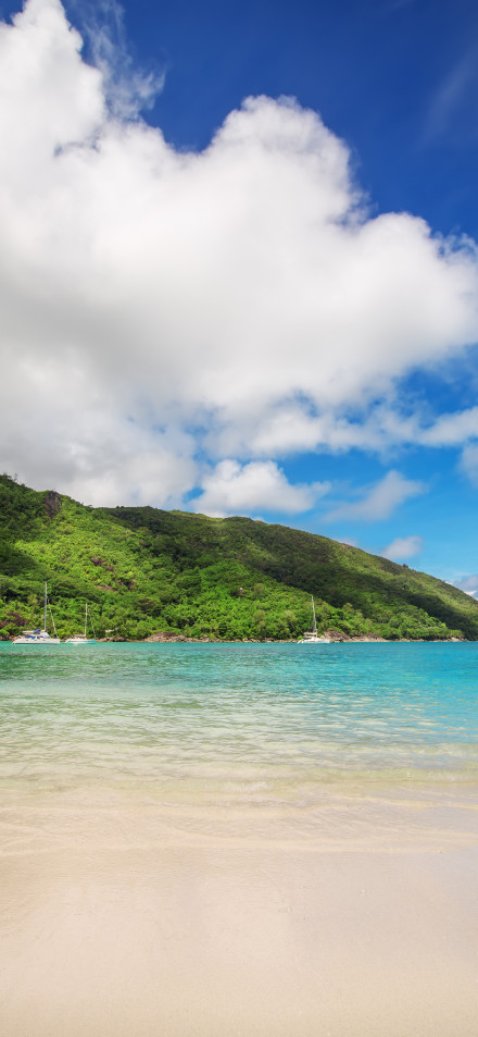 Stunning tropical beach wallpaper: clear water and lush mountains